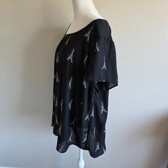 TORRID Blouse Top Paris Eiffel Tower Black Sparkle Sheer Chiffon Plus Size 2 2X - Picture 3 of 8